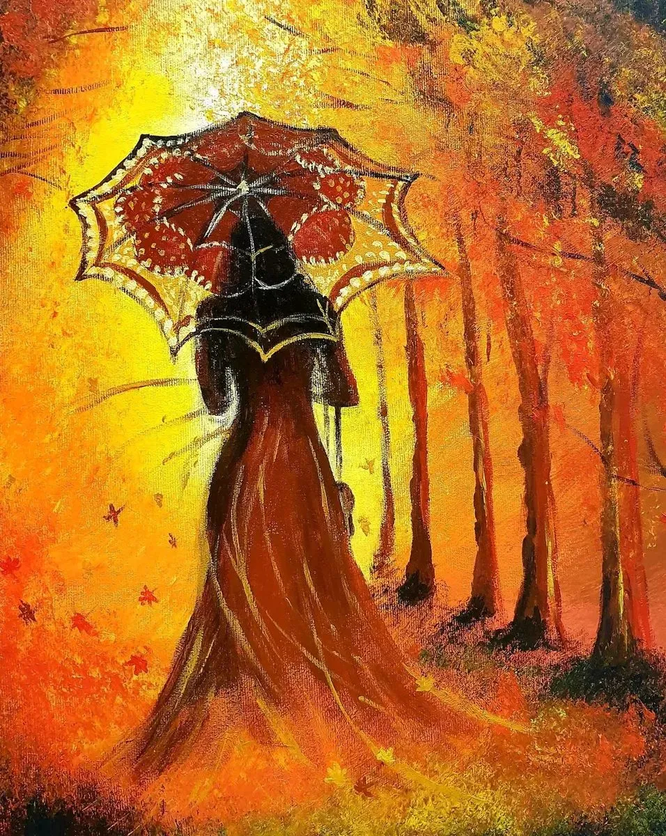 Autumn Walk with an Umbrella — a hand-painted canvas from Villa Nadezda, Paphos, that we can send by post