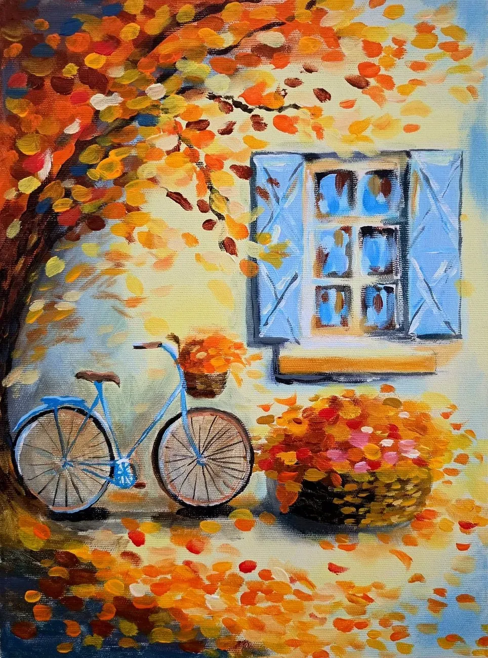 Bicycle under an Autumn Tree — a hand-painted canvas from Villa Nadezda, Paphos, that we can send by post