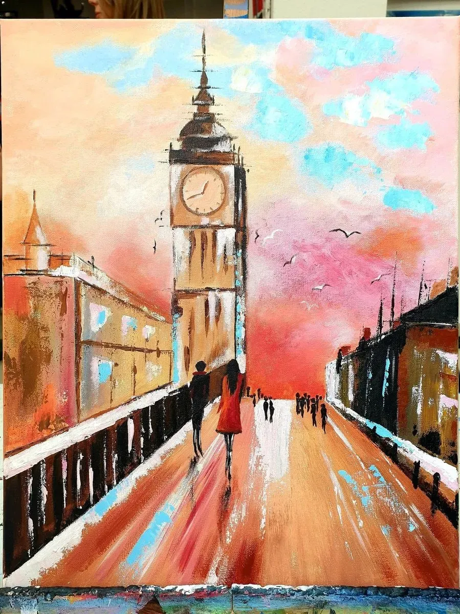 Big Ben in the Rain — a hand-painted canvas from Villa Nadezda, Paphos, that we can send by post