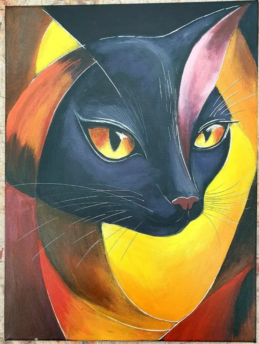 Black Cat in Gold — a hand-painted canvas from Villa Nadezda, Paphos, that we can send by post