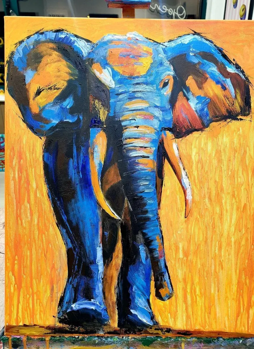 Blue Elephant — a hand-painted canvas from Villa Nadezda, Paphos, that we can send by post