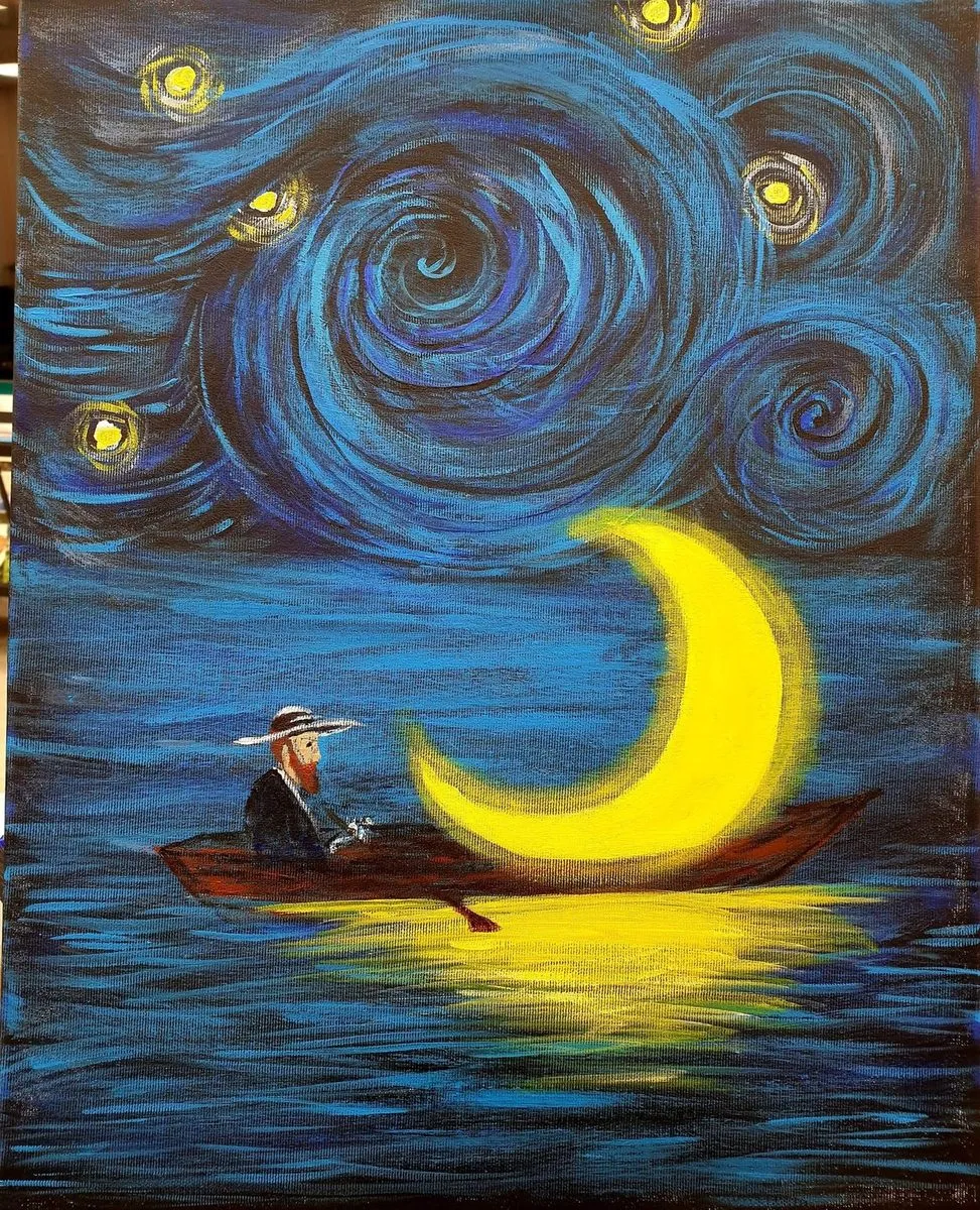 Boat under a Crescent Moon — a hand-painted canvas from Villa Nadezda, Paphos, that we can send by post