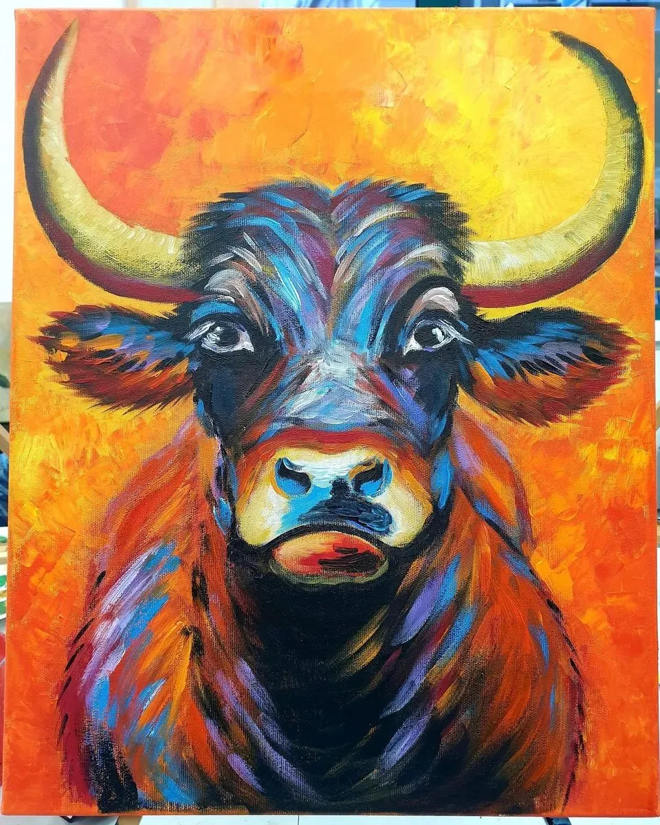 Bull at Sunset — a hand-painted canvas from Villa Nadezda, Paphos, that we can send by post