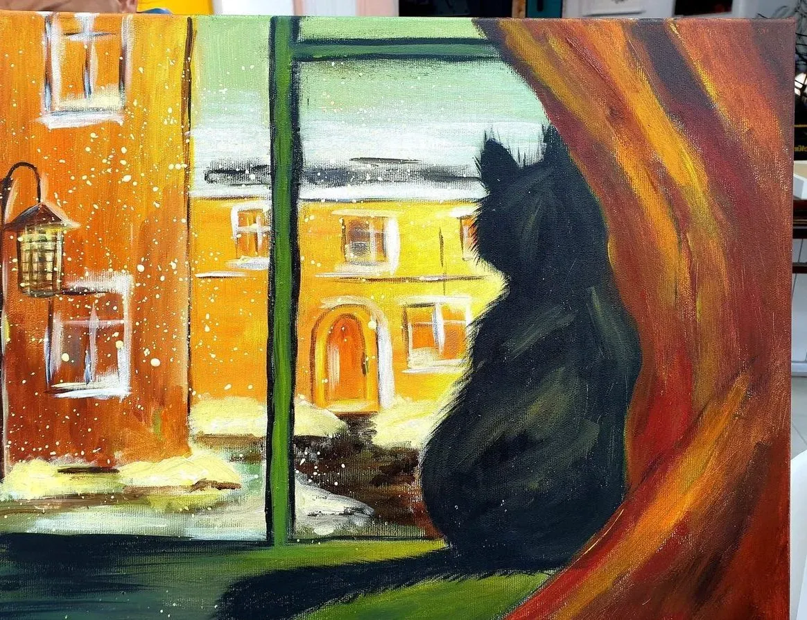 Cat in the Old Town — a hand-painted canvas from Villa Nadezda, Paphos, that we can send by post