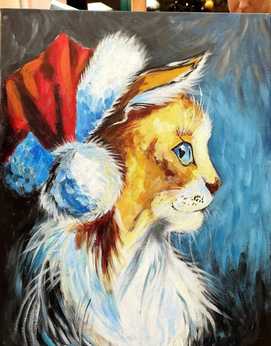 Christmas Cat — a hand-painted canvas from Villa Nadezda, Paphos, that we can send by post