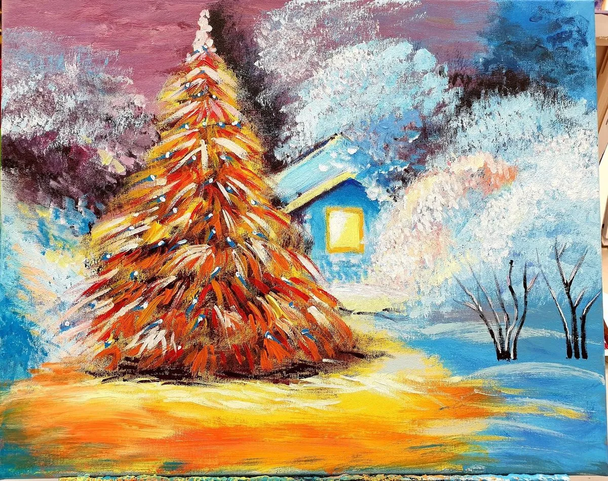 Christmas Tree in the Snow — a hand-painted canvas from Villa Nadezda, Paphos, that we can send by post