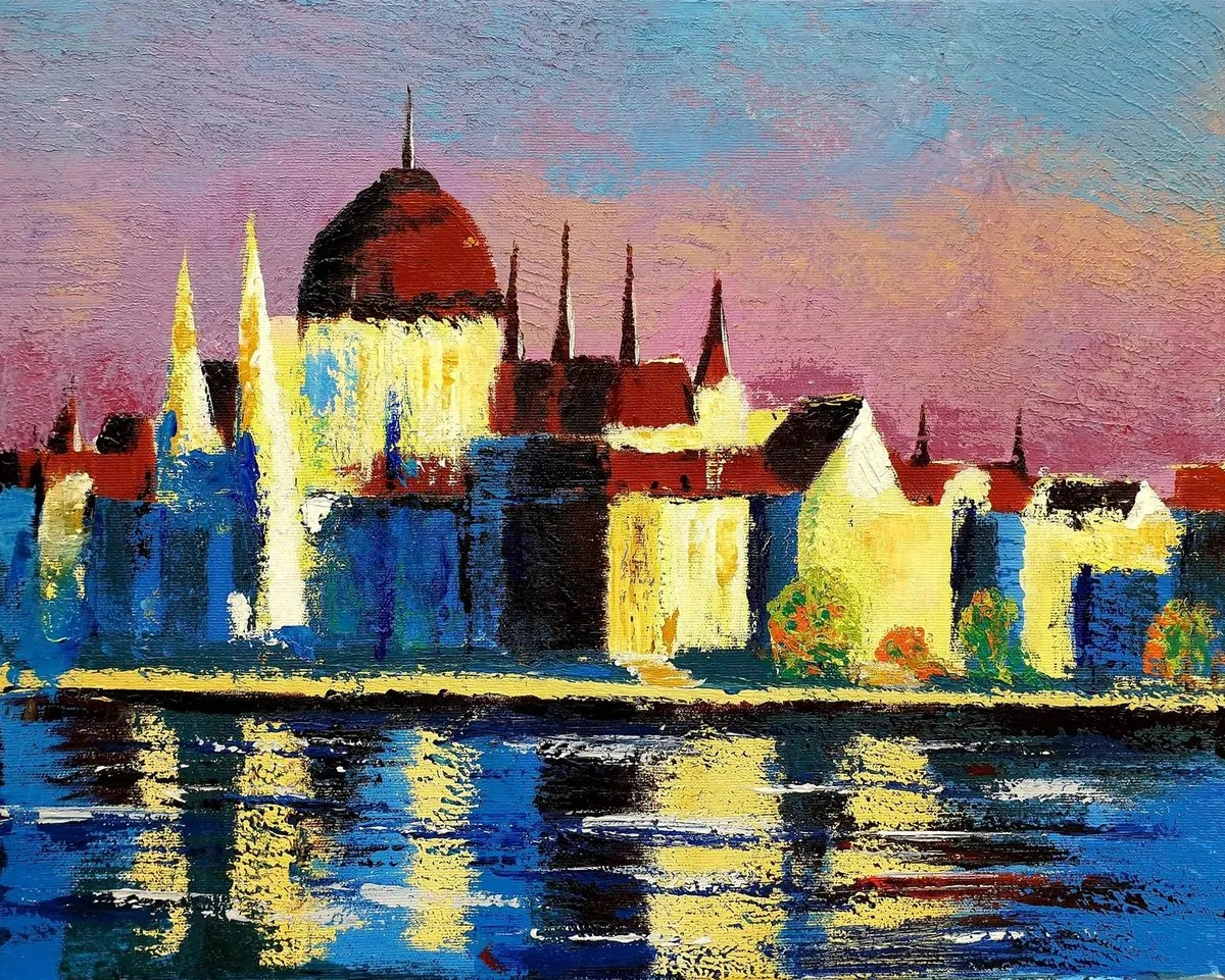 City on the River — a hand-painted canvas from Villa Nadezda, Paphos, that we can send by post