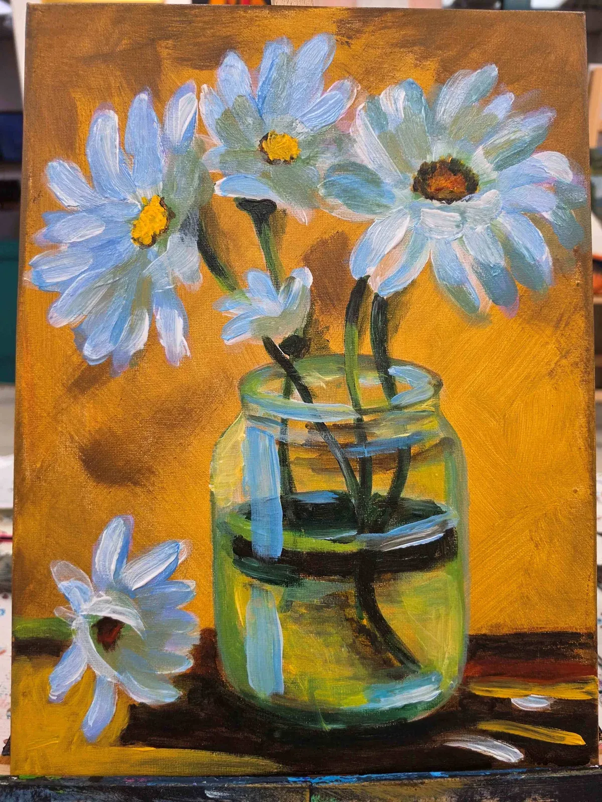 Daisies in a Glass Jar — a hand-painted canvas from Villa Nadezda, Paphos, that we can send by post