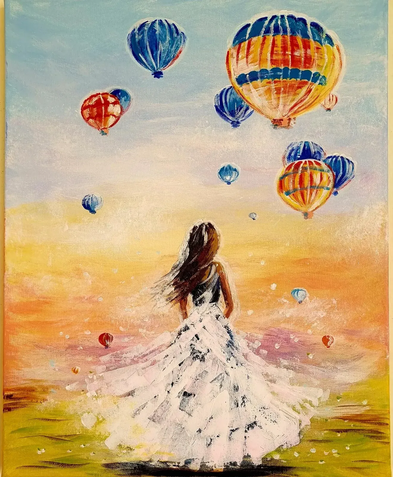 Girl and Balloons — a hand-painted canvas from Villa Nadezda, Paphos, that we can send by post