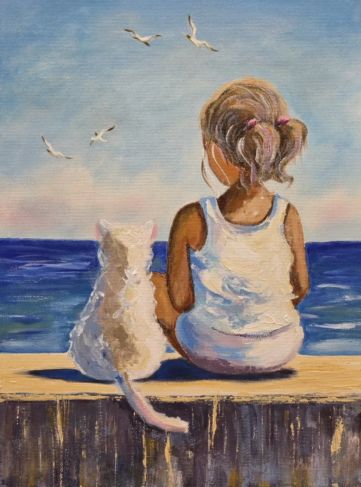 Girl and Cat by the Sea — a hand-painted canvas from Villa Nadezda, Paphos, that we can send by post