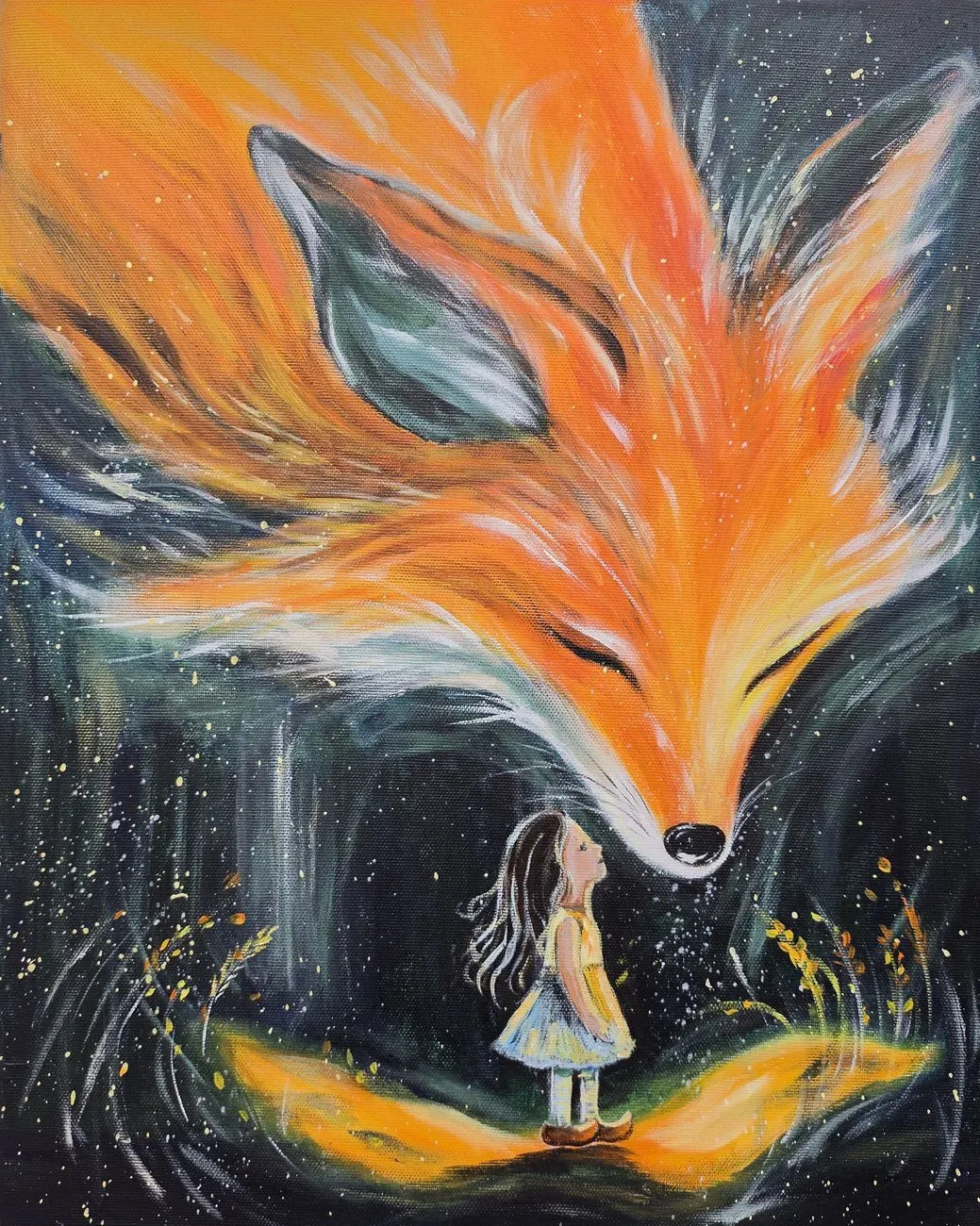 Girl and the Fox Spirit — a hand-painted canvas from Villa Nadezda, Paphos, that we can send by post