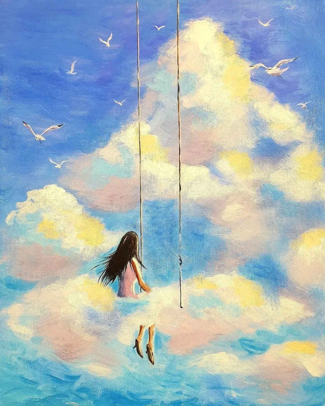 Girl on a Swing in the Clouds — a hand-painted canvas from Villa Nadezda, Paphos, that we can send by post