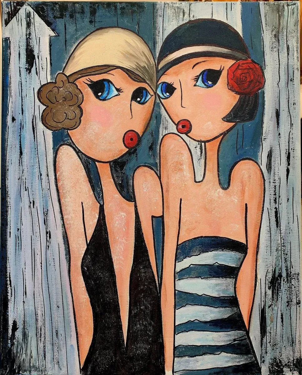 Girlfriends — a hand-painted canvas from Villa Nadezda, Paphos, that we can send by post