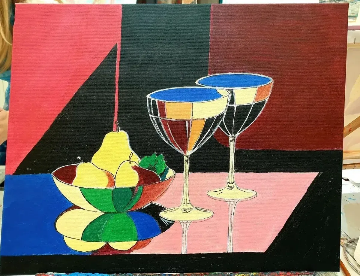 Glasses and Fruit — a hand-painted canvas from Villa Nadezda, Paphos, that we can send by post