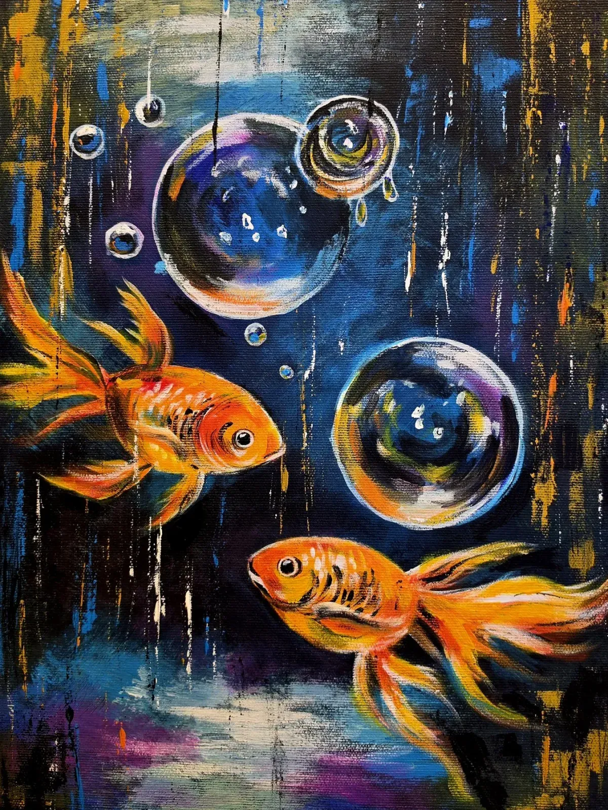 Goldfish and Bubbles — a hand-painted canvas from Villa Nadezda, Paphos, that we can send by post