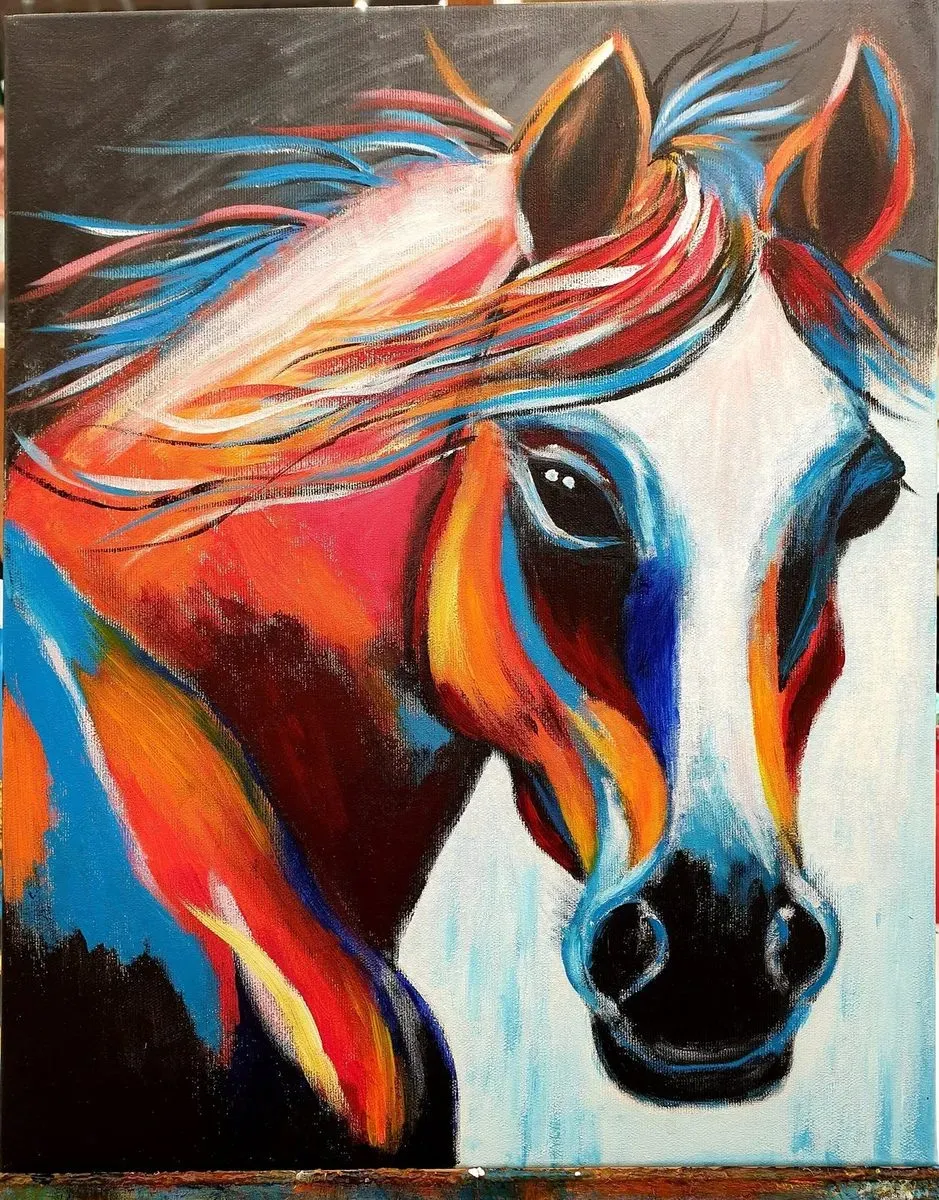 Horse in Colour — a hand-painted canvas from Villa Nadezda, Paphos, that we can send by post