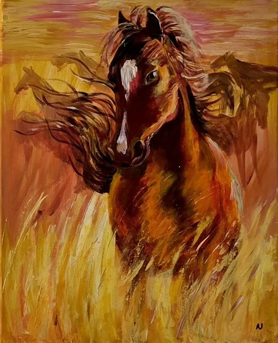 Horse in the Wheat — a hand-painted canvas from Villa Nadezda, Paphos, that we can send by post