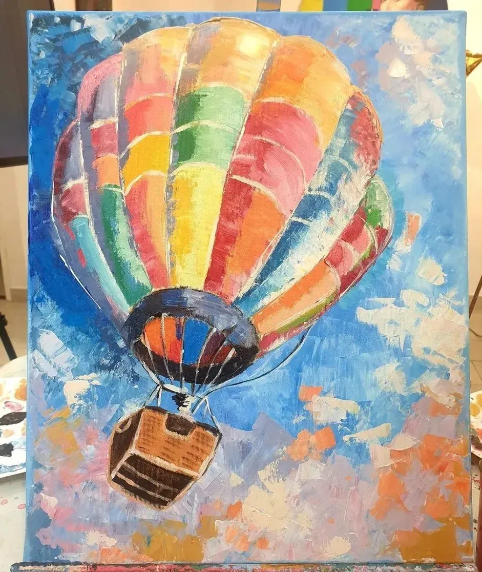 Hot Air Balloon — a hand-painted canvas from Villa Nadezda, Paphos, that we can send by post