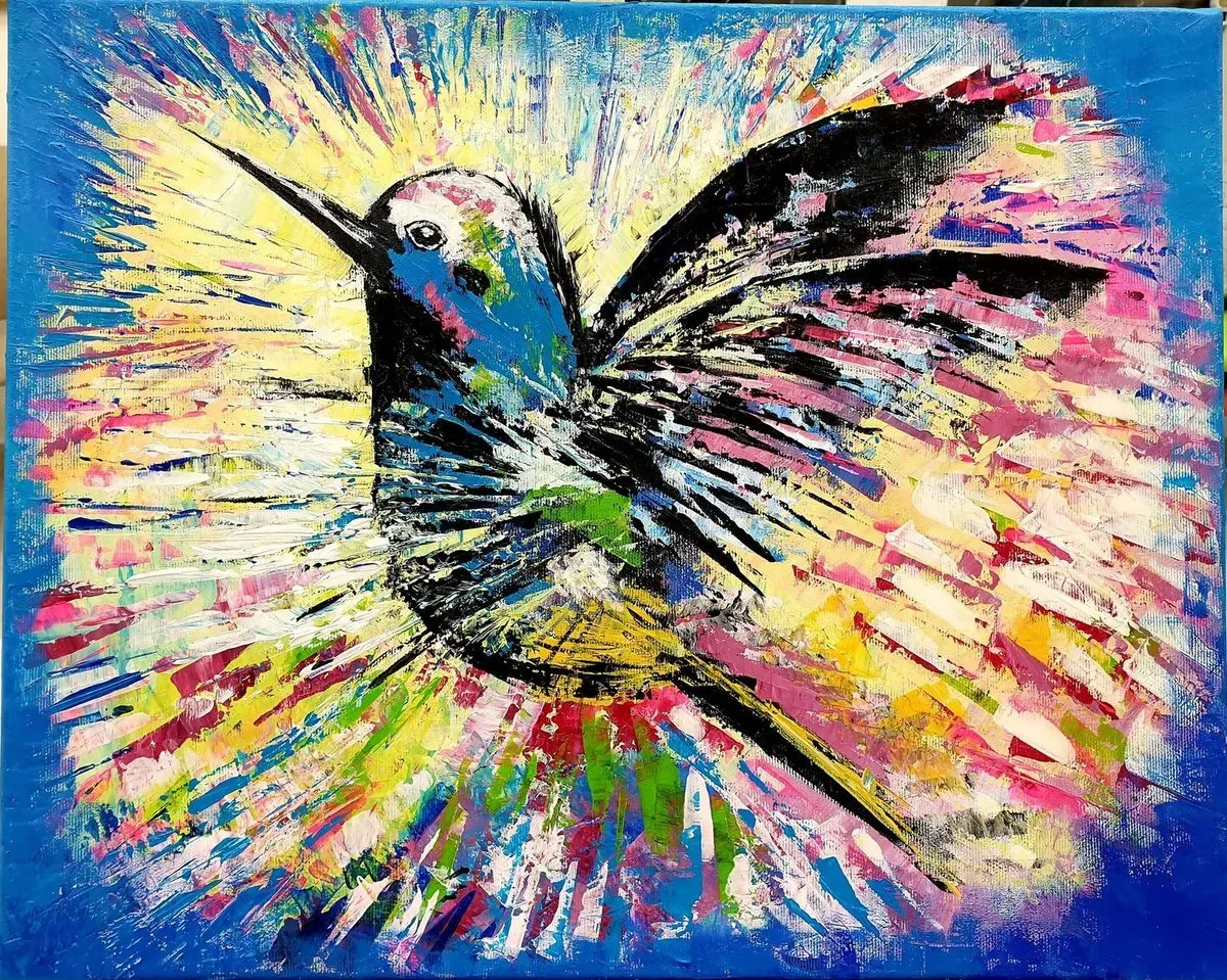 Hummingbird — a hand-painted canvas from Villa Nadezda, Paphos, that we can send by post