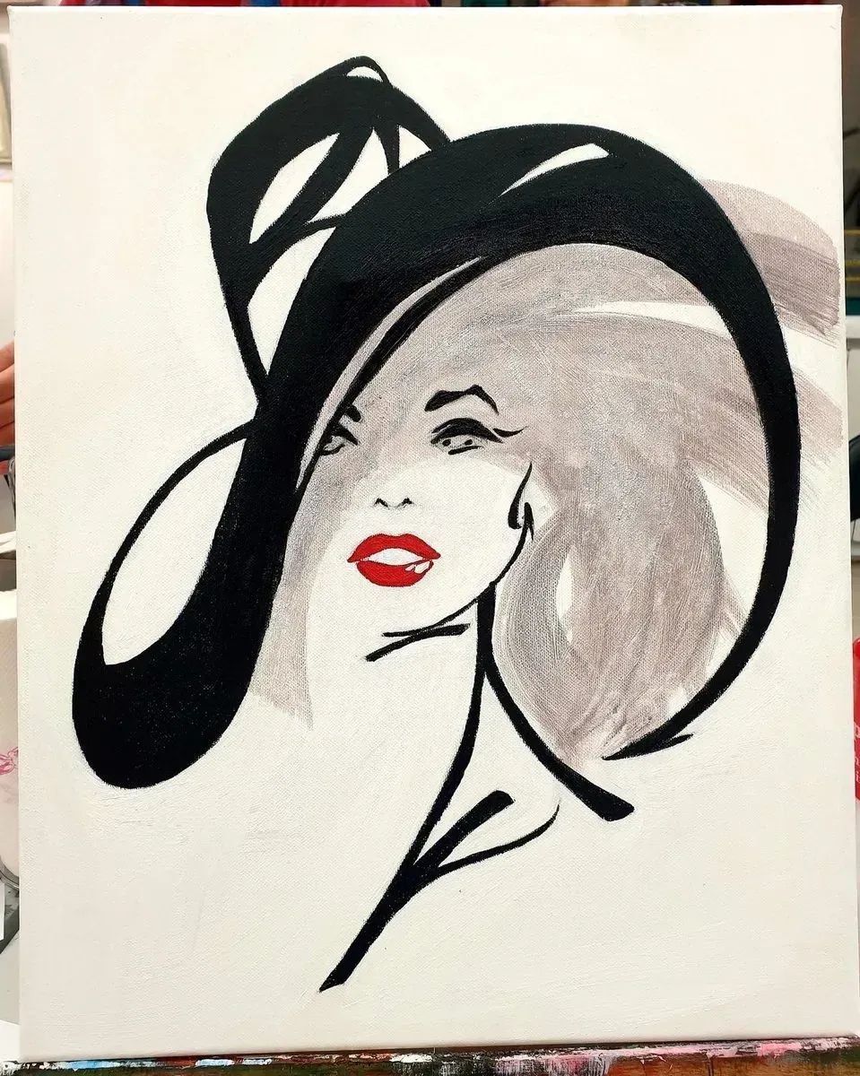 Lady in a Black Hat — a hand-painted canvas from Villa Nadezda, Paphos, that we can send by post