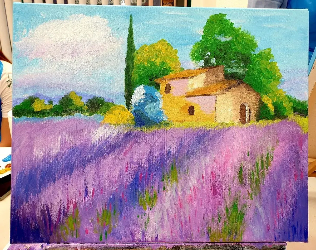 Lavender Field — a hand-painted canvas from Villa Nadezda, Paphos, that we can send by post