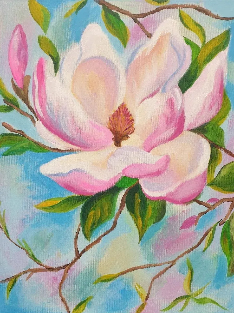 Magnolia in Bloom — a hand-painted canvas from Villa Nadezda, Paphos, that we can send by post