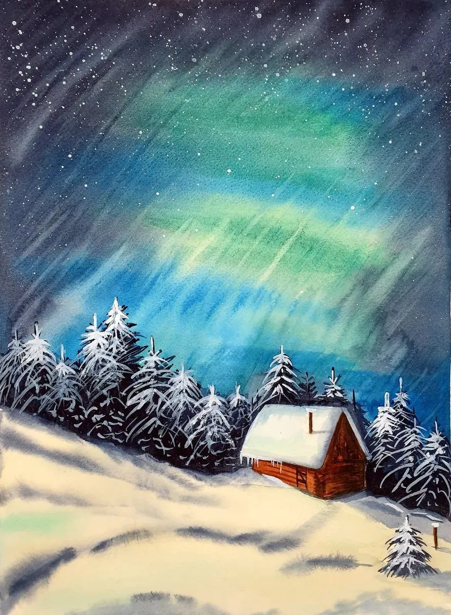 Northern Lights over a Winter Cabin — a hand-painted canvas from Villa Nadezda, Paphos, that we can send by post