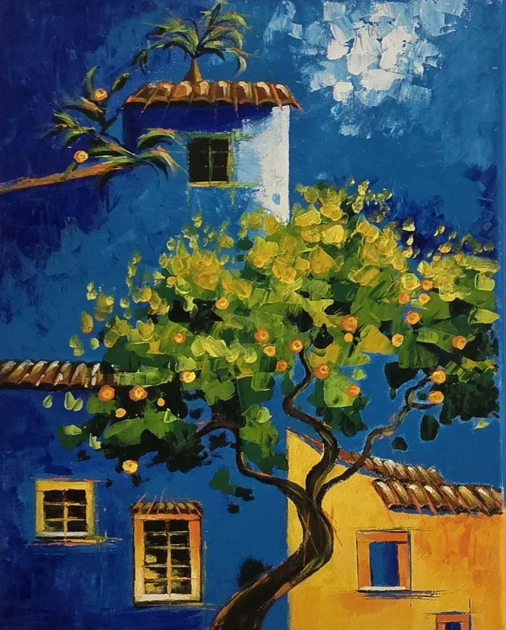 Orange Tree by a Blue Wall — a hand-painted canvas from Villa Nadezda, Paphos, that we can send by post