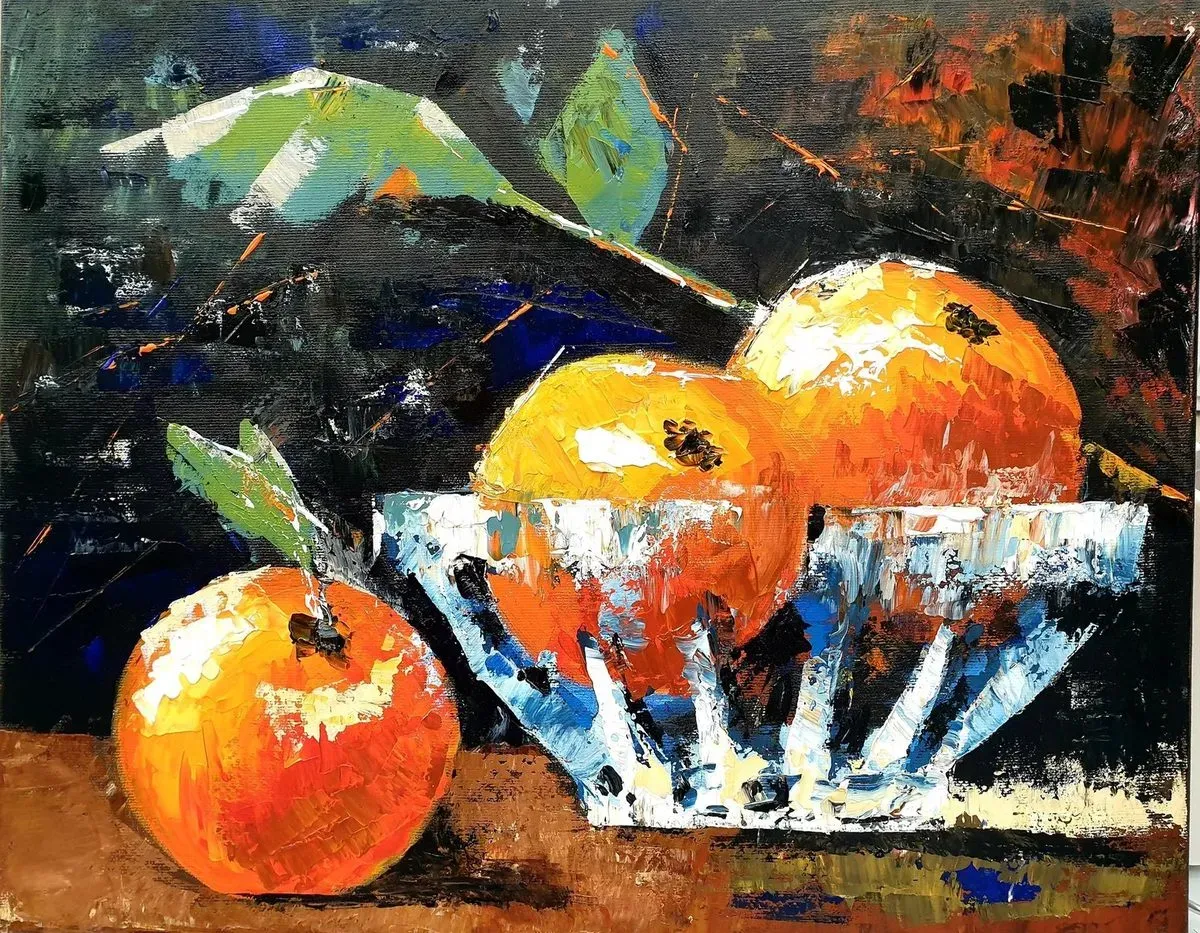 Oranges in a Glass Bowl — a hand-painted canvas from Villa Nadezda, Paphos, that we can send by post