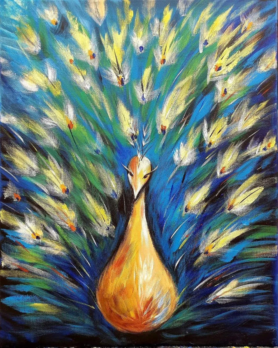 Peacock — a hand-painted canvas from Villa Nadezda, Paphos, that we can send by post