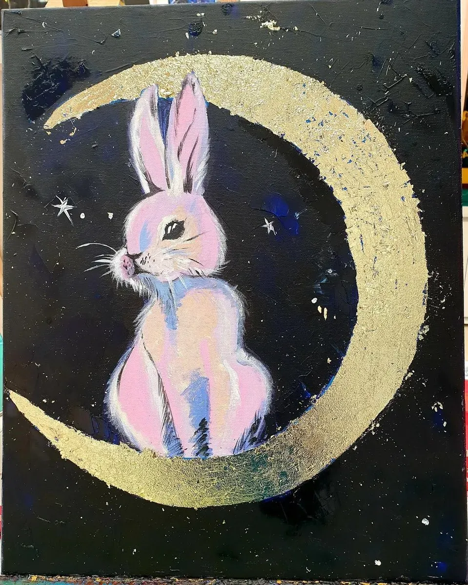 Rabbit on the Moon — a hand-painted canvas from Villa Nadezda, Paphos, that we can send by post
