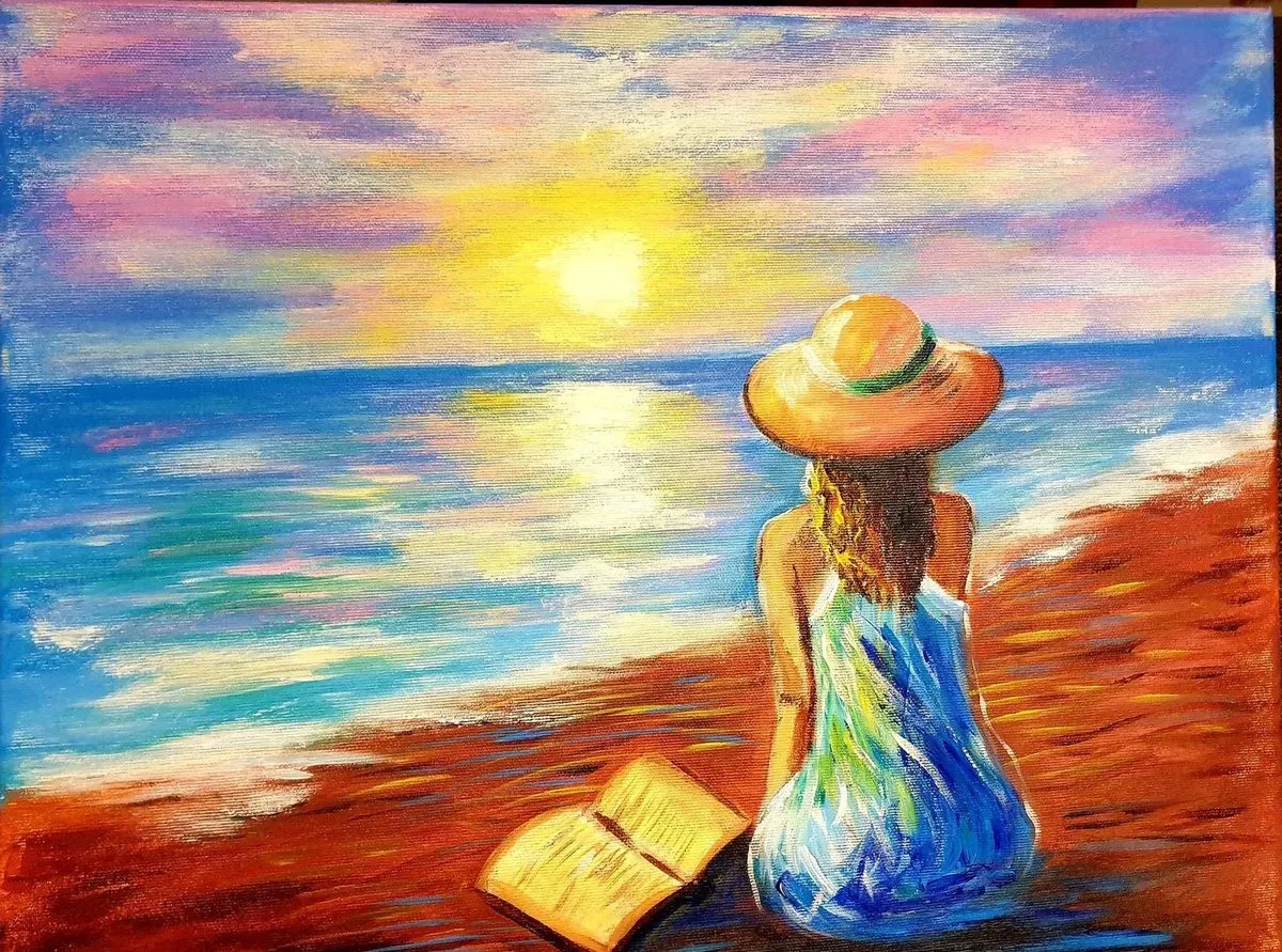 Reading by the Sea — a hand-painted canvas from Villa Nadezda, Paphos, that we can send by post