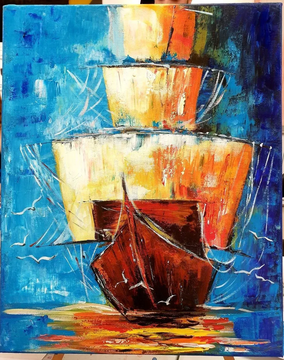Sailing Ships — a hand-painted canvas from Villa Nadezda, Paphos, that we can send by post