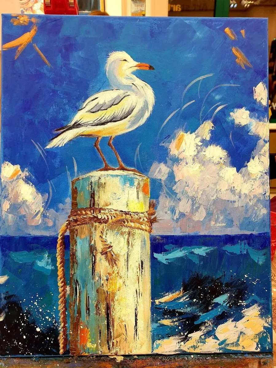 Seagull above a Stormy Sea — a hand-painted canvas from Villa Nadezda, Paphos, that we can send by post