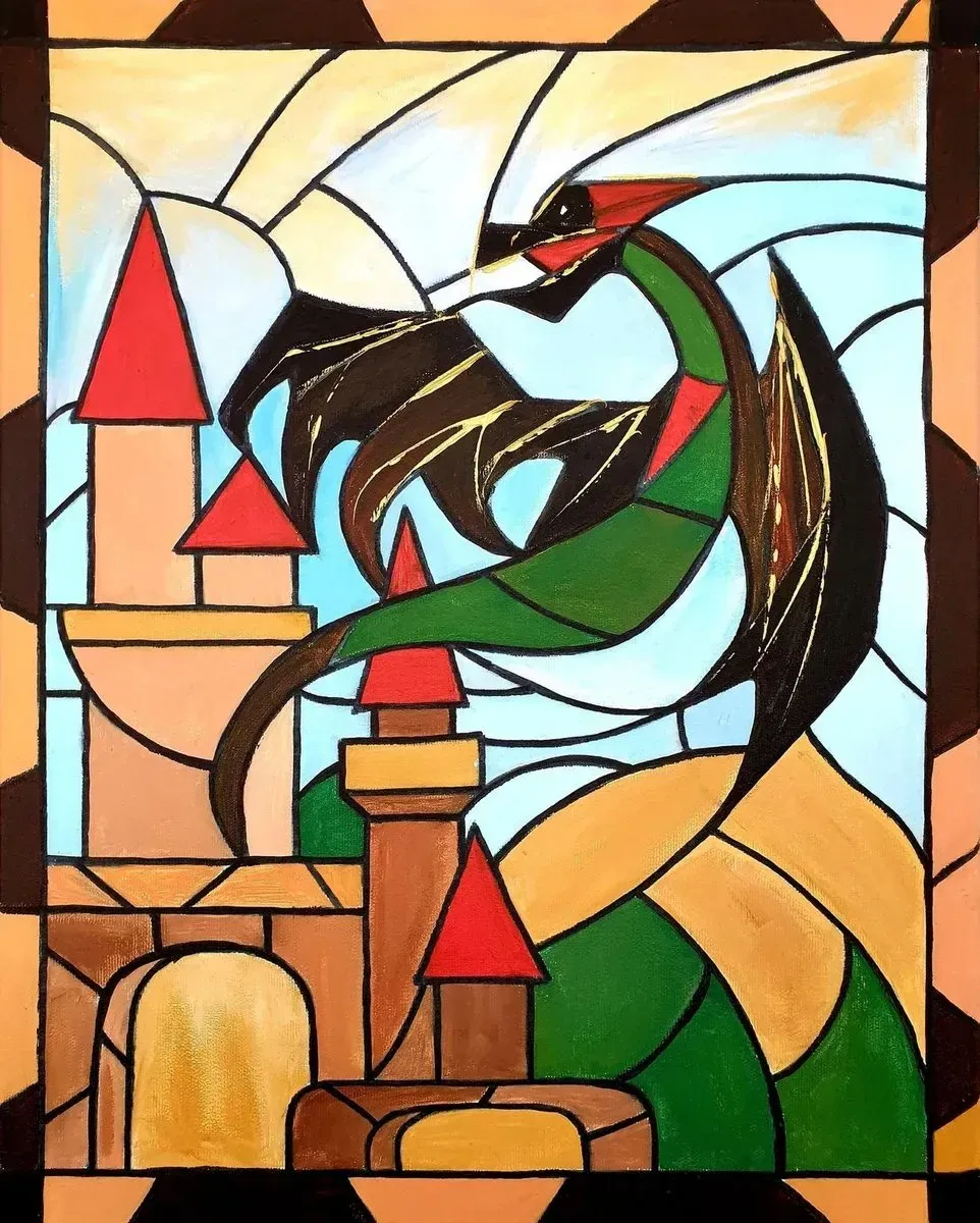 Stained Glass Castle — a hand-painted canvas from Villa Nadezda, Paphos, that we can send by post