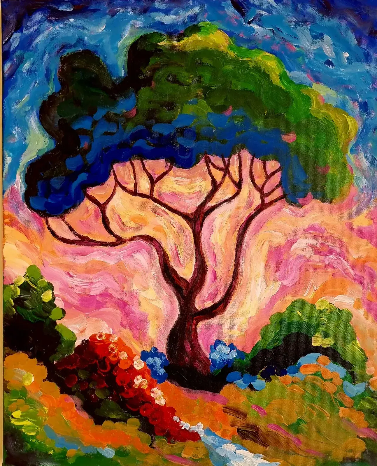 The Colourful Tree — a hand-painted canvas from Villa Nadezda, Paphos, that we can send by post