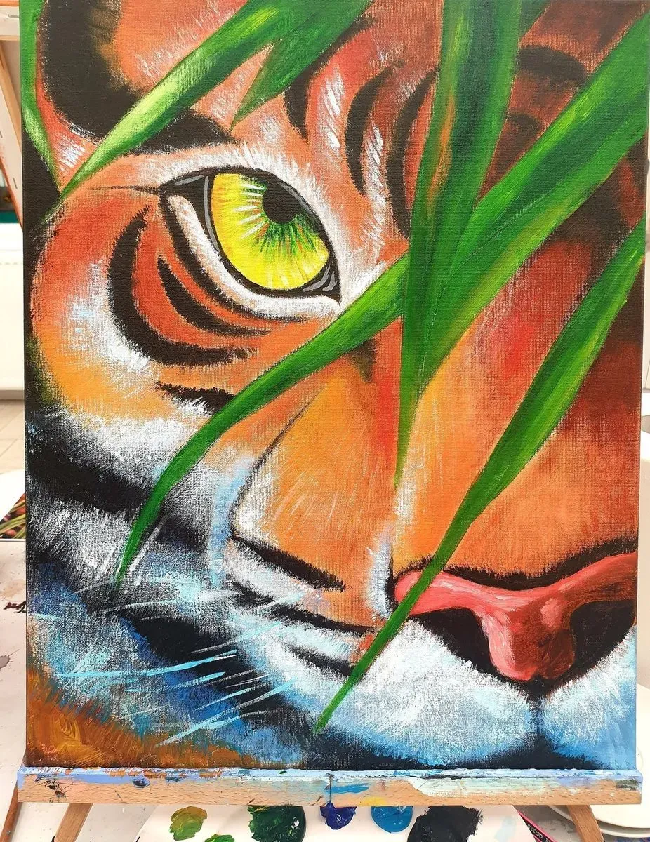 Tiger in the Grass — a hand-painted canvas from Villa Nadezda, Paphos, that we can send by post
