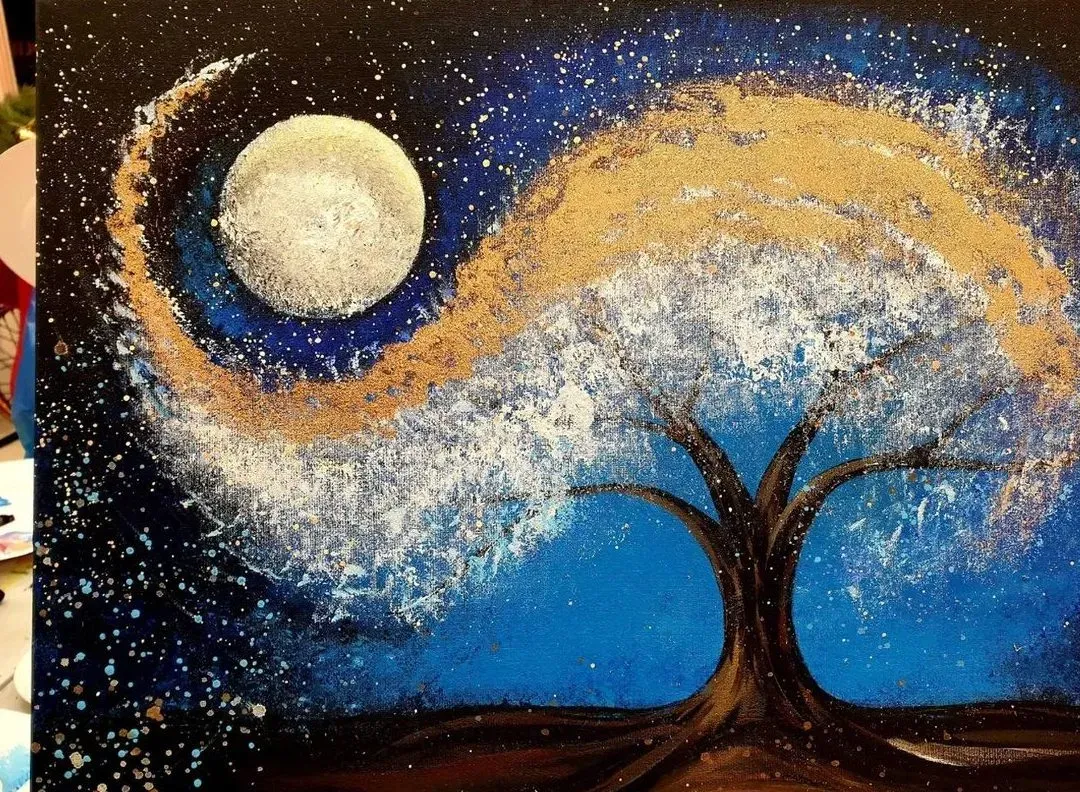 Tree under the Moon — a hand-painted canvas from Villa Nadezda, Paphos, that we can send by post