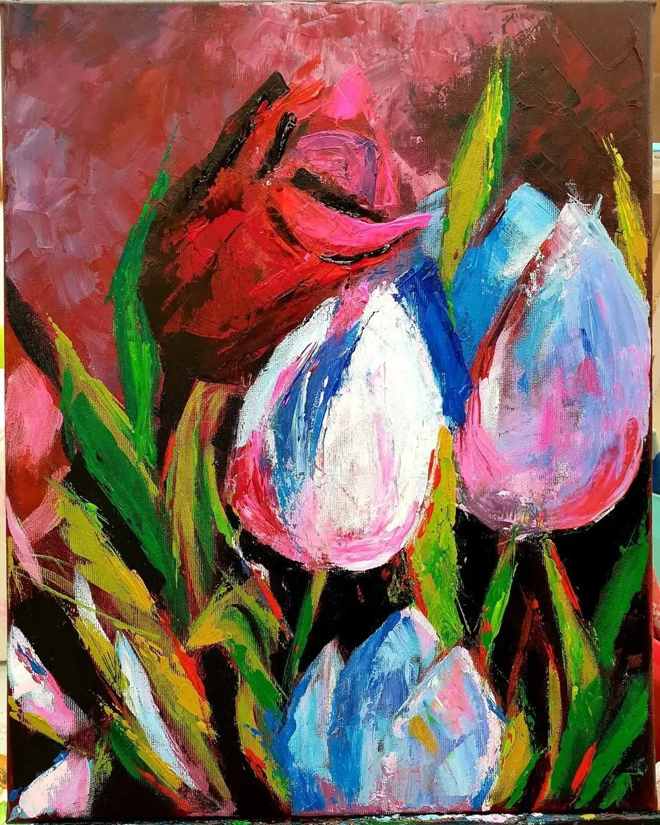 Tulips — a hand-painted canvas from Villa Nadezda, Paphos, that we can send by post