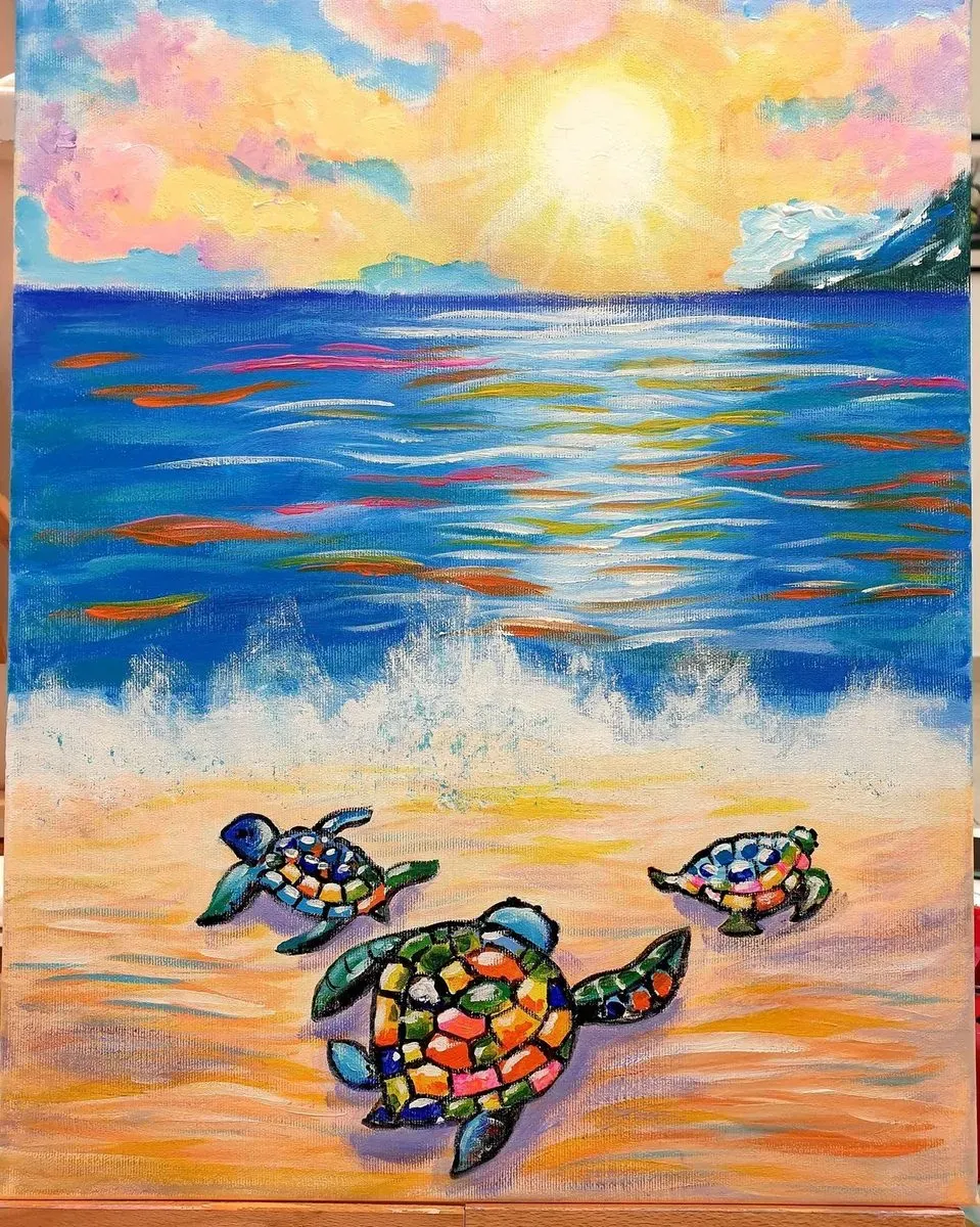 Turtles on the Beach — a hand-painted canvas from Villa Nadezda, Paphos, that we can send by post