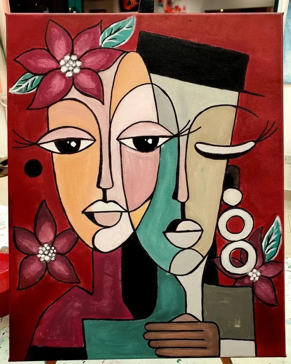 Two Faces with Flowers — a hand-painted canvas from Villa Nadezda, Paphos, that we can send by post