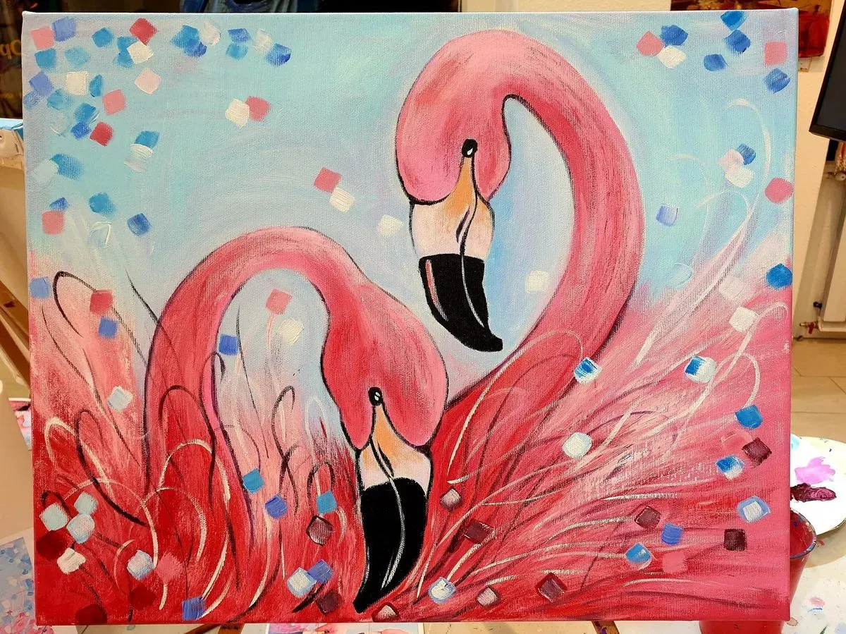 Two Flamingos — a hand-painted canvas from Villa Nadezda, Paphos, that we can send by post