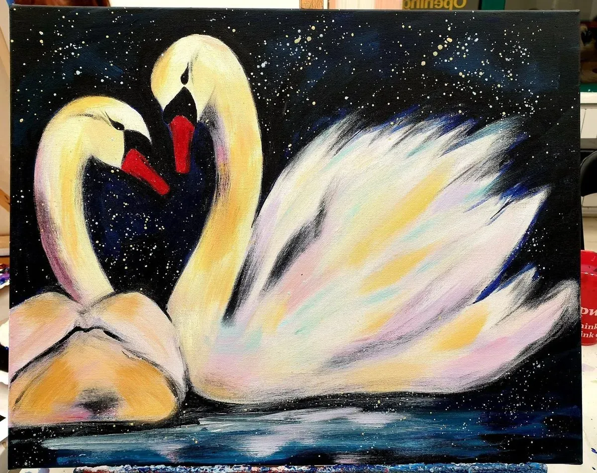 Two Swans — a hand-painted canvas from Villa Nadezda, Paphos, that we can send by post