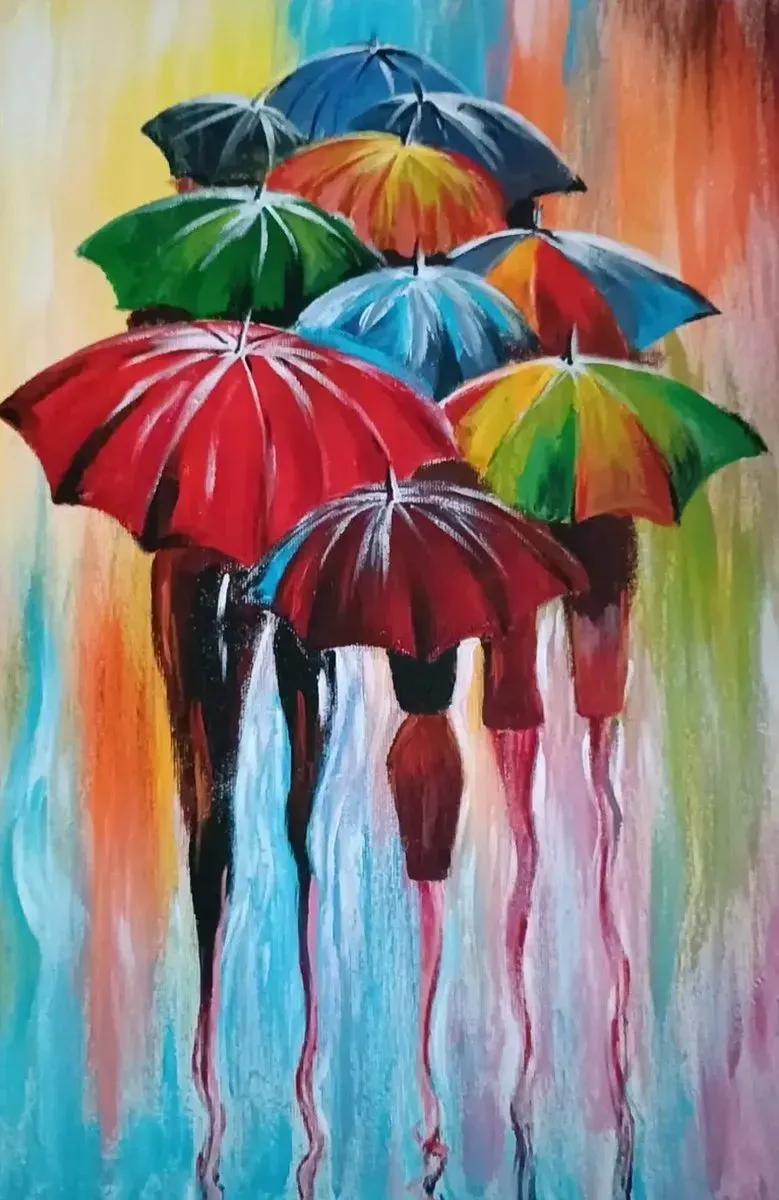 Umbrellas in the Rain — a hand-painted canvas from Villa Nadezda, Paphos, that we can send by post