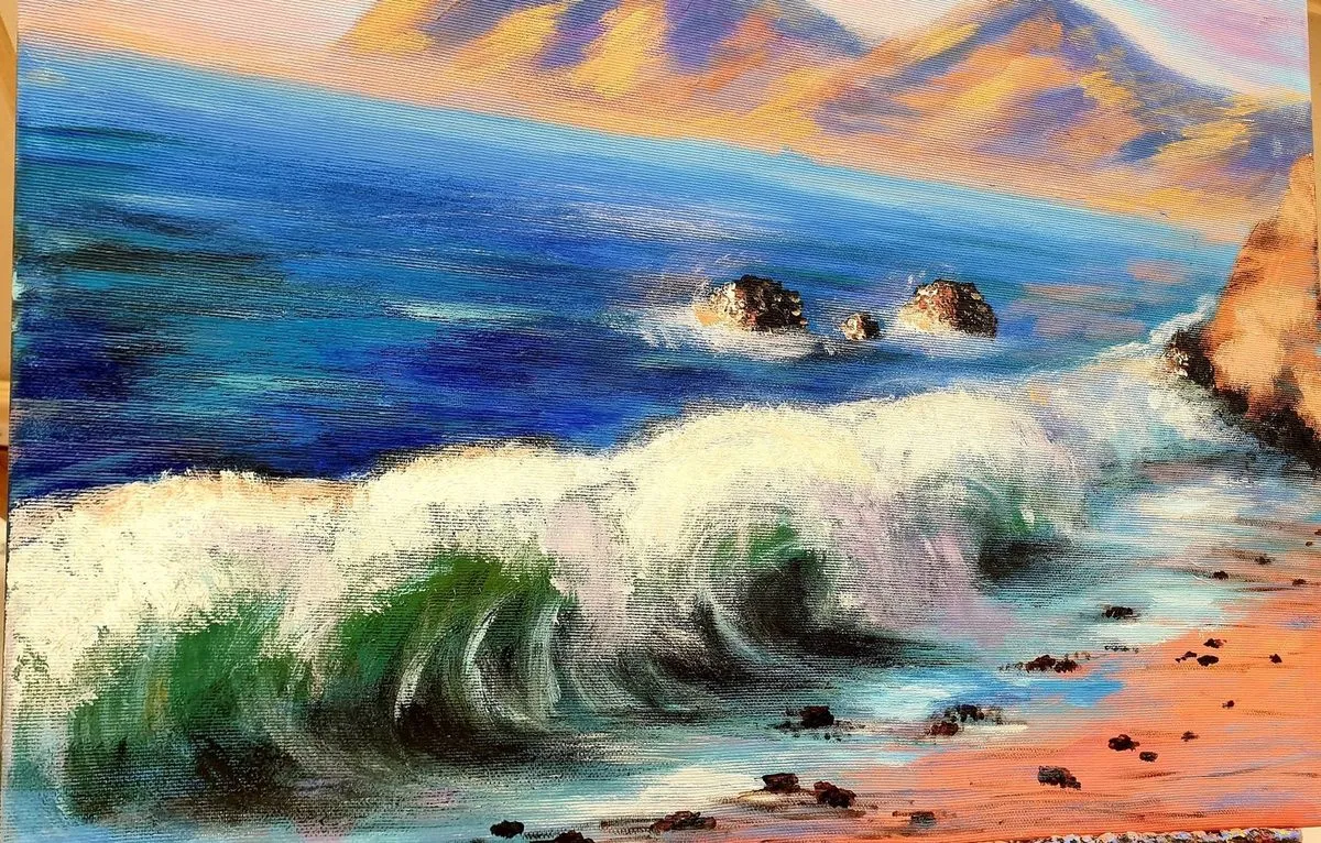 Waves on the Rocks — a hand-painted canvas from Villa Nadezda, Paphos, that we can send by post