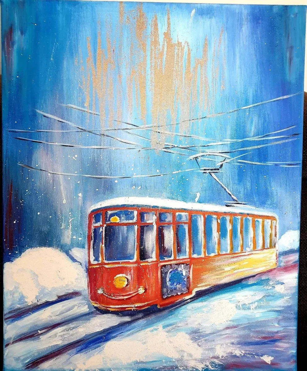 Winter Tram — a hand-painted canvas from Villa Nadezda, Paphos, that we can send by post