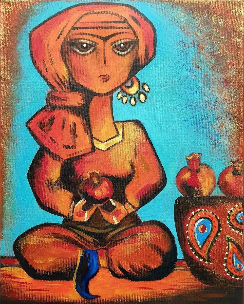Woman with a Pomegranate — a hand-painted canvas from Villa Nadezda, Paphos, that we can send by post
