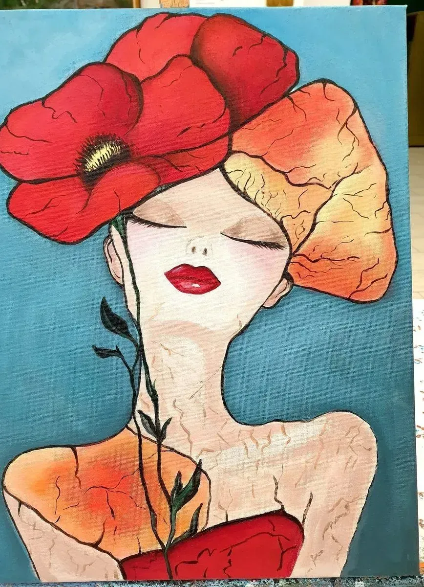 Woman with Poppies — a hand-painted canvas from Villa Nadezda, Paphos, that we can send by post